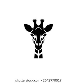 Close-up black-and-white illustration of a giraffe's head featuring stylized features, ears, ossicones, and distinct neck pattern against a plain white backdrop.