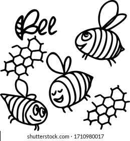 Close-up black-white drawing of flying bees. Doodle drawing. inscription bee. Bee honeycombs. Vector illustration on a white background.eps10