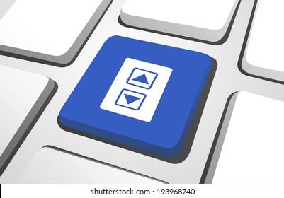 Close-up of blue arrows pointing up and down on a keyboard button.