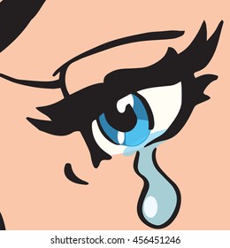 Close-up blue eyes, a woman crying, pop art retro vector illustration