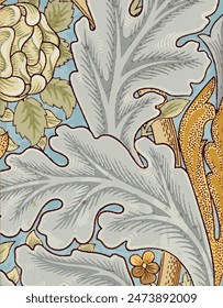 Close-up of a blue floral pattern with gray stylized leaves and small dark red and orange flowers.