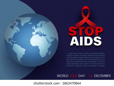 Closeup blue global en estilo 3d con cinta roja, frases de slogan y textos de ejemplo, el día y nombre de los eventos sobre fondo azul oscuro. Campaña de afiches del Día Mundial del SIDA en el diseño de vectores.