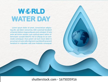 Closeup the blue globe on giant water droplet and abstract blue sea wave in paper cut style with wording of World water day, example texts on white paper pattern background