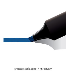 Closeup of blue marker pen drawing line on paper.
