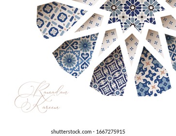 Close-up of blue ornamental Morroccan tiles through white arab star shape pattern. Greeting card, invitation for Muslim holiday Ramadan Kareem. Vector illustration bacground, web banner, modern design