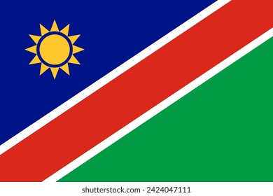 Close-up of blue, red and green national flag of African country of Namibia with yellow sun. Illustration made February 11th, 2024, Zurich, Switzerland.