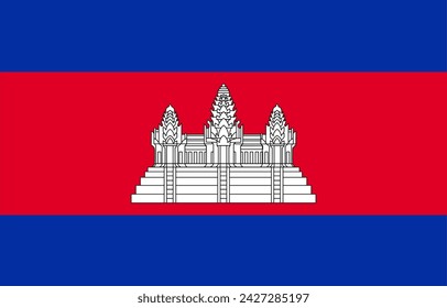 Nahaufnahme der blauen, roten und weißen Flagge des asiatischen Landes des Königreichs Kambodscha mit Angkor Wat Tempel. Abbildung vom 19. Februar 2024, Zürich, Schweiz.