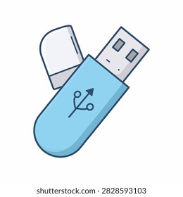 Close-up of a blue USB flash drive with its cap removed, ready for data transfer and storage, isolated on a plain background.