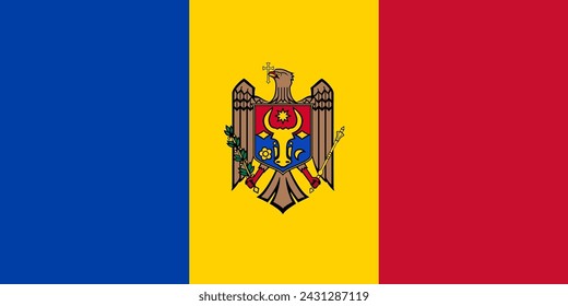 Close-up of blue, yellow and red national flag of European country of Moldova with eagle. Illustration made February 28th, 2024, Zurich, Switzerland.