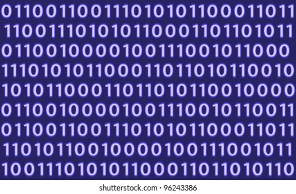 Close-Up of blue-light binary code on dark background.