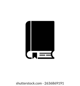 Close-up of a bold black icon representing a closed book. A short ribbon marks the page, and the book's pages are hinted at on the edge.