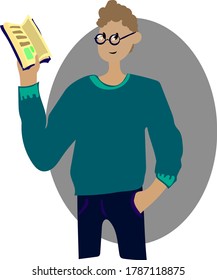 
close-up boy with curly hair stands with a book and reads it, boy is dressed in a sweater and jeans