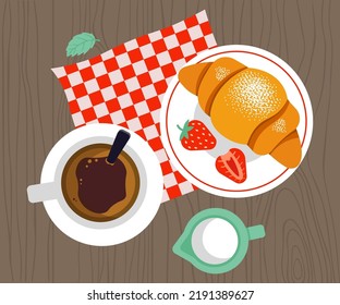 Closeup Of Breakfast With Croissant, Strawberry And Coffee Vector Illustration In Flat Style