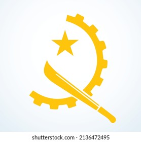 Closeup Bright Gold Yellow Color Ancient South Union Power Pride Civil War Unity Shape Fabric Cloth Textile View White Text Space. Modern Web Art Draw Big Coat Arm Poster Logo Badge Pattern Design 