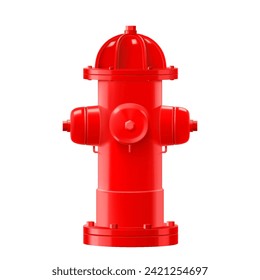 Closeup of bright red fire hydrant isolated on white background. Tool used by firefighters for extinguishing flames. Realistic 3d vector illustration