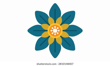 Close-up of a bright yellow flower with blue petals against a plain background