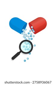 Close-up of a broken red and blue medicine capsule with small medicinal pellets being examined under a magnifying glass. Stock Illustration.