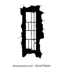 Close-up of a broken window with cracked glass and torn frame, highlighting damage and deterioration in the structure.