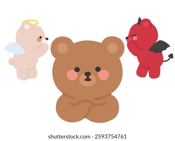 Close-Up of Brown Bear Listening to Angel and Devil Whispering Vector Illustration