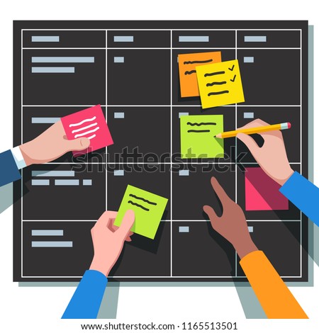 Closeup of business people team hands writing tasks and placing sticky notes on planning board. Teamwork, scrum task board iterations planning concept. Flat vector illustration isolated