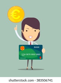 Closeup of a business woman keeps a credit card and points to the money, vector illustration