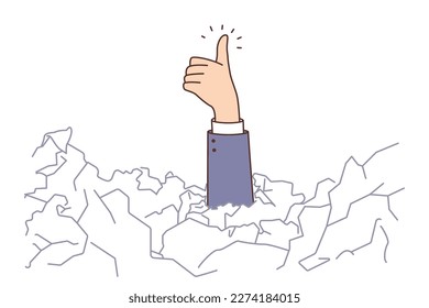 Closeup of businessman buried under paper pile stretch hand show thumb up. Male employee overwhelmed with paperwork demonstrate optimism. Vector illustration. 