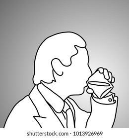 close-up businessman drinking alcoholic beverage with his glass vector illustration doodle sketch hand drawn with black lines isolated on gray background.