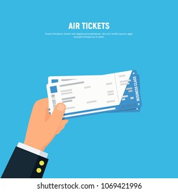 Close-up businessman hand holding air boarding tickets. Airline boarding tickets business class. Travel and business trips concept. Vector illustration in flat style.