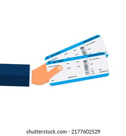 Close-up businessman hand holding air boarding tickets. Airline boarding tickets business class. Travel and business trips concept. Vector illustration in flat style.