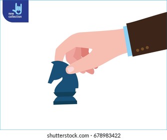 Closeup businessman hand holding chess knight piece.
Strategic move concept. Business illustration. Vector flat cartoon icon design.