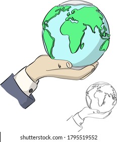 close-up businessman hand holding the earth vector illustration sketch doodle hand drawn with black lines isolated on white background
