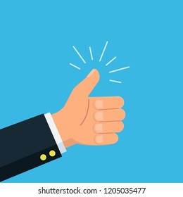 Close-up businessman hand show thumb up. Symbol like. Rating, success, feedback, review, quality concept. Vector illustration in flat style.