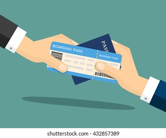 Close-up of a Businessman Handing Over His Boarding Pass and Passport at Airport check-in. Vector Illustration.