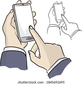 close-up businessman holding device and touching screen vector illustration sketch doodle hand drawn with black lines isolated on white background