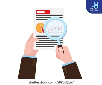 Closeup. Businessman holding magnifying glass. research market analysis. 
Symbol of analytics. accounting. graphs.
Vector flat cartoon icon design illustration.
Planning financial marketing concept.