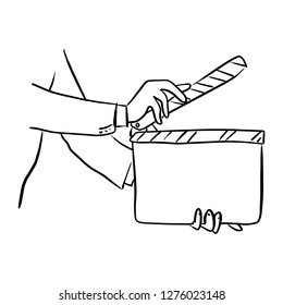 close-up businessman holding movie clapper board vector illustration sketch doodle hand drawn with black lines isolated on white background