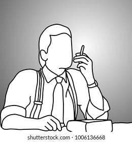 close-up businessman with suspenders or braces smoking cigarette on his desk vector illustration doodle sketch hand drawn with black lines isolated on gray background.