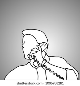 close-up businessman using retro telephone vector illustration doodle sketch hand drawn with black lines isolated on gray background. Business concept.