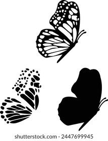 Closeup Butterfly Contours Decoration. Side View Vector Illustration for Home Decor. Black Butterfly Silhouette Wall Decor. Modern Design Element on White Background. Side View Black Butterfly.