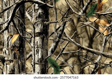 close-up of a camouflage pattern with tree branches and leaves, in the woods. The background is an ultra-realistic photograph of camouflage with tree foliage