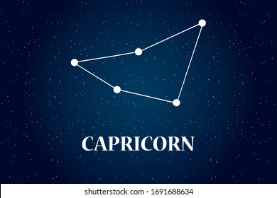 Closeup of Capricorn horoscope symbol horoscope zodiac sign. Vector art EPS illustration. Capricorn Star constellation isolated on beautiful starry sky, dark blue black night background with vignette
