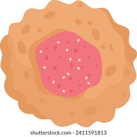 Close-up of a cartoon donut with pink icing and sprinkles. Flat design of a dessert or sweet food. Tasty sugary snack vector illustration.