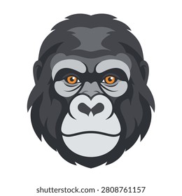 closeup of a cartoon gorilla face with brown eyes and a white muzzle looking forward