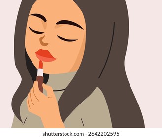 Closeup cartoon illustration of a beautiful woman applying lipstick. Vector drawing for cosmetic tutorials, branding and fashion concepts