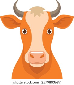 A close-up cartoon illustration of an orange cow's face with white markings on the forehead, two curved horns, big eyes, and a pink nose