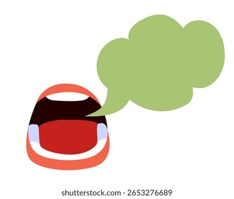Close-up cartoon de uma boca aberta com um balão de odor verde nojento. Representa halitose e má higiene dental com efeito de cheiro exagerado