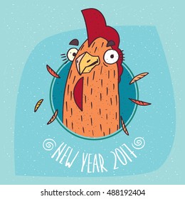 Close-up of cartoon playful cock or rooster smiles in round frame on blue background. New Year 2017 lettering. Vector illustration