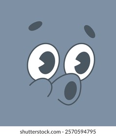 Close-up of a cartoon surprised face with wide eyes and expressive features, minimalistic style, on a grey background. Concept of humor and emotion. Vector illustration