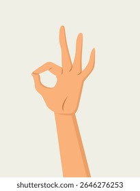 Close-up cartoon vector of a single hand making an OK gesture on a neutral beige background. Drawing concept of positive and universal signal used for approval or agreement
