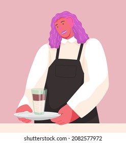 Cierre de una camarera de dibujos animados sosteniendo un café, café, café o capuchino. La camarera trae un orden. Los comercios de la cafetería. Barista o camarero. Cafetería por un buen rato. Imagen plana